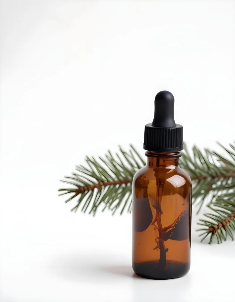 A Glass Bottle With A Dropper Filled With Amber Colored Liquid Surrounded By Pine Tree Branches On A White Background 7