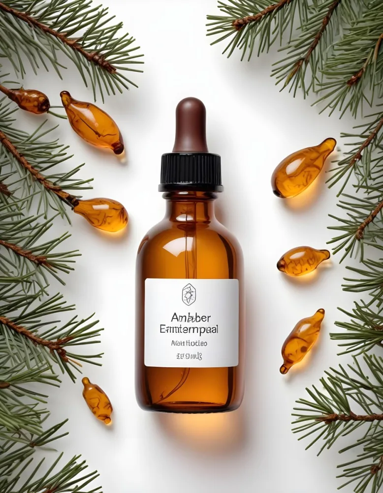 A Glass Bottle With A Dropper Filled With Amber Colored Liquid Surrounded By Pine Tree Branches On A White Background 8