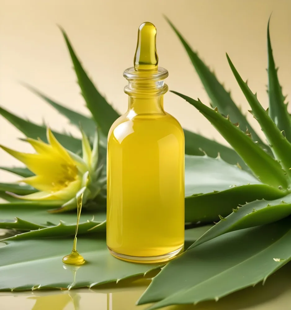 A Glass Bottle With A Dropper Filled With Green Liquid Surrounded By Green Aloe Vera Leaves 4 B9c7