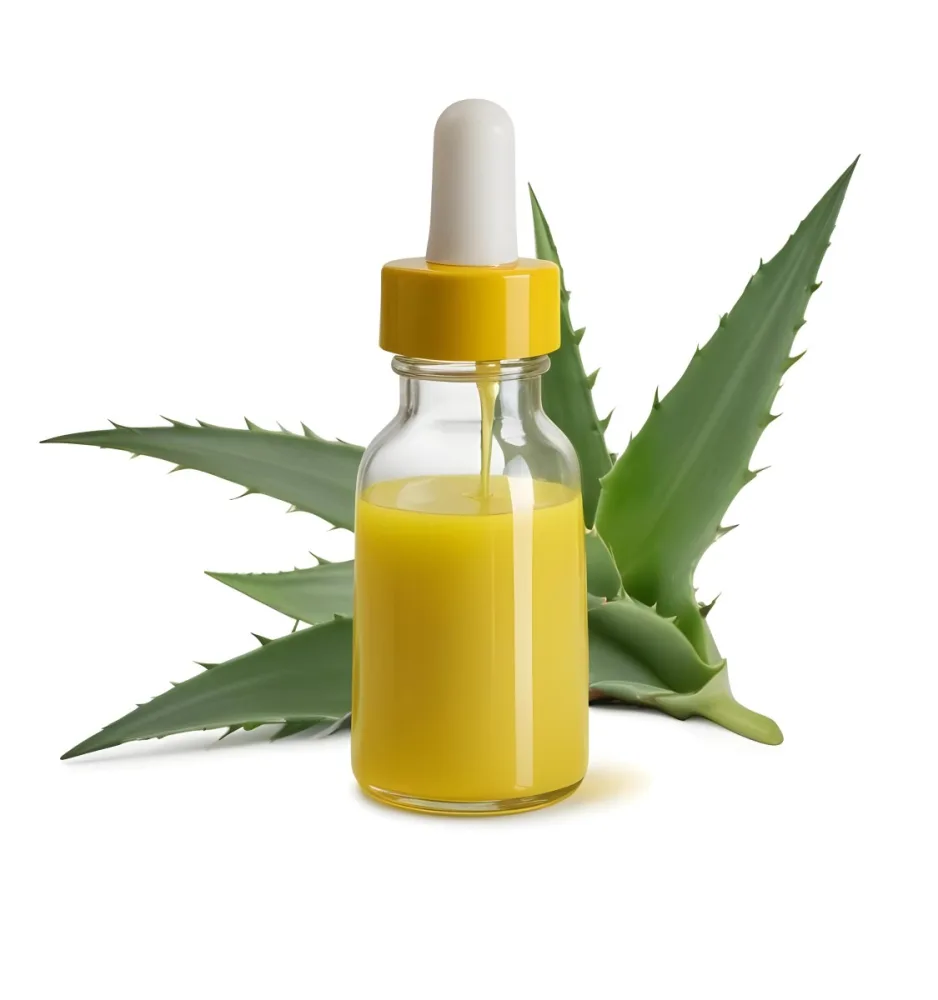 A Glass Bottle With A Dropper Filled With Green Liquid Surrounded By Green Aloe Vera Leaves 5 E1ee