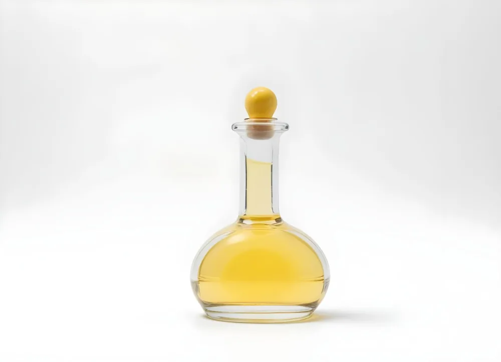 A Glass Bottle With A Glass Stopper Filled With Yellow Liquid On A White Background 31 82a2