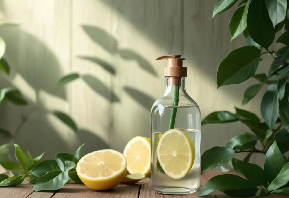 A Glass Bottle With A Pump Dispenser Surrounded By Green Leaves And A Lemon Slice On A Wooden Surface 6