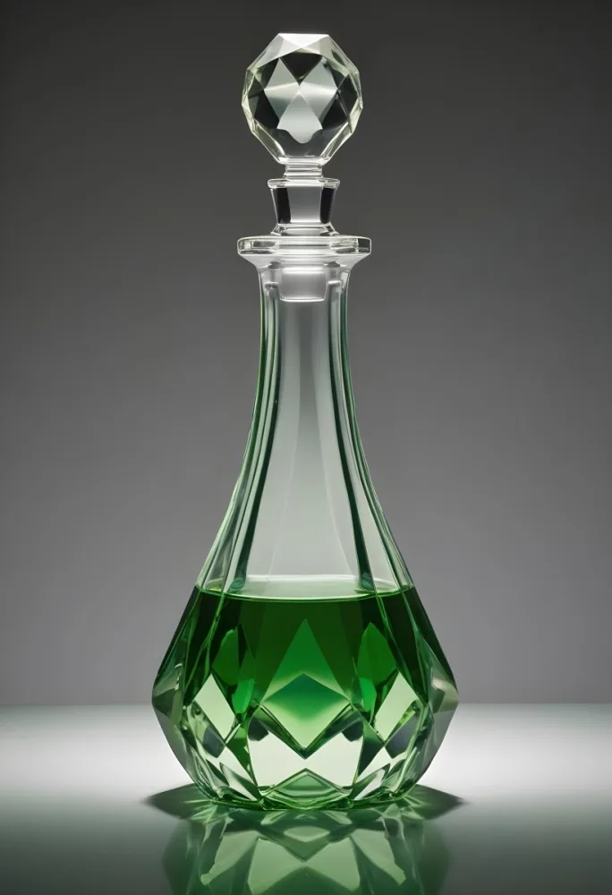 A Glass Decanter Filled With Green Liquid A Faceted Crystal Stopper Clear Glass Geometric Shape Studio Lighting And A Plain Background 19 A3d7