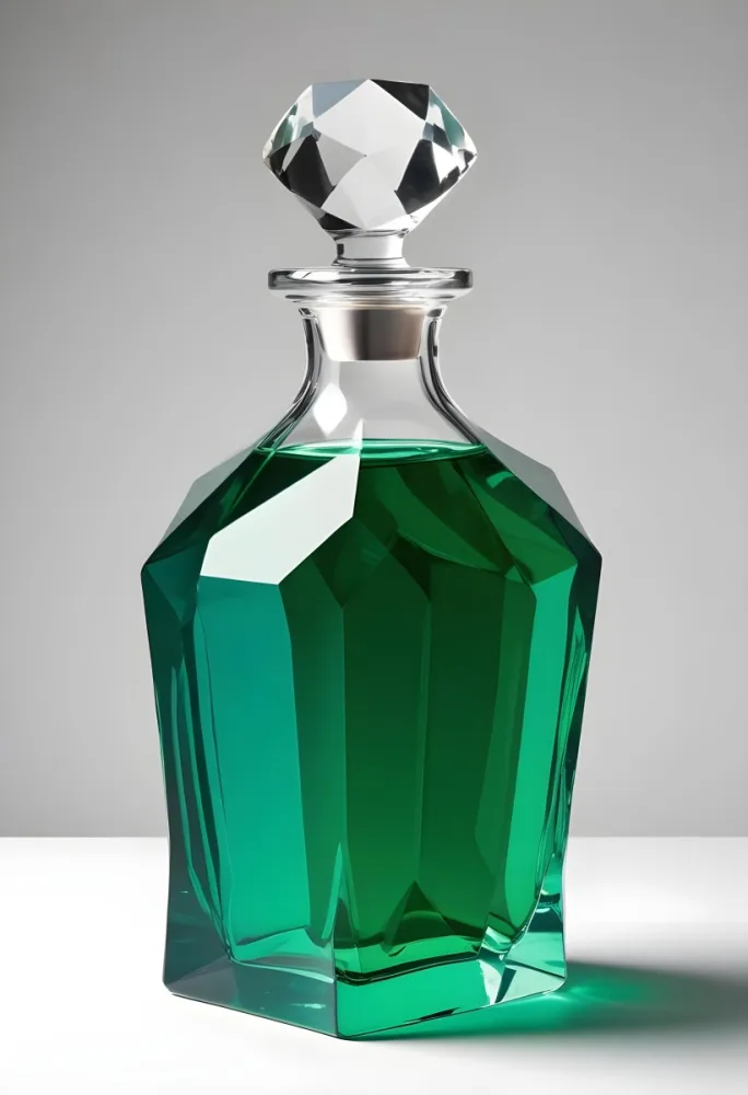 A Glass Decanter Filled With Green Liquid A Faceted Crystal Stopper Clear Glass Geometric Shape Studio Lighting And A Plain Background 22 4f97