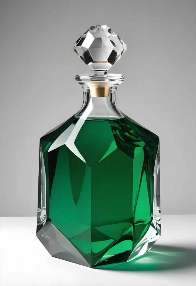 A Glass Decanter Filled With Green Liquid A Faceted Crystal Stopper Clear Glass Geometric Shape Studio Lighting And A Plain Background 29 6414