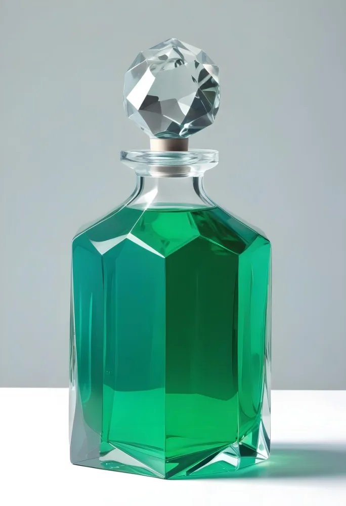 A Glass Decanter Filled With Green Liquid A Faceted Crystal Stopper Clear Glass Geometric Shape Studio Lighting And A Plain Background 35 9482