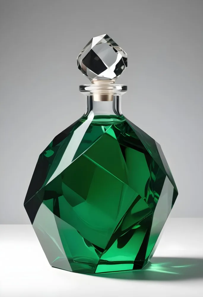 A Glass Decanter Filled With Green Liquid A Faceted Crystal Stopper Clear Glass Geometric Shape Studio Lighting And A Plain Background 6 8097