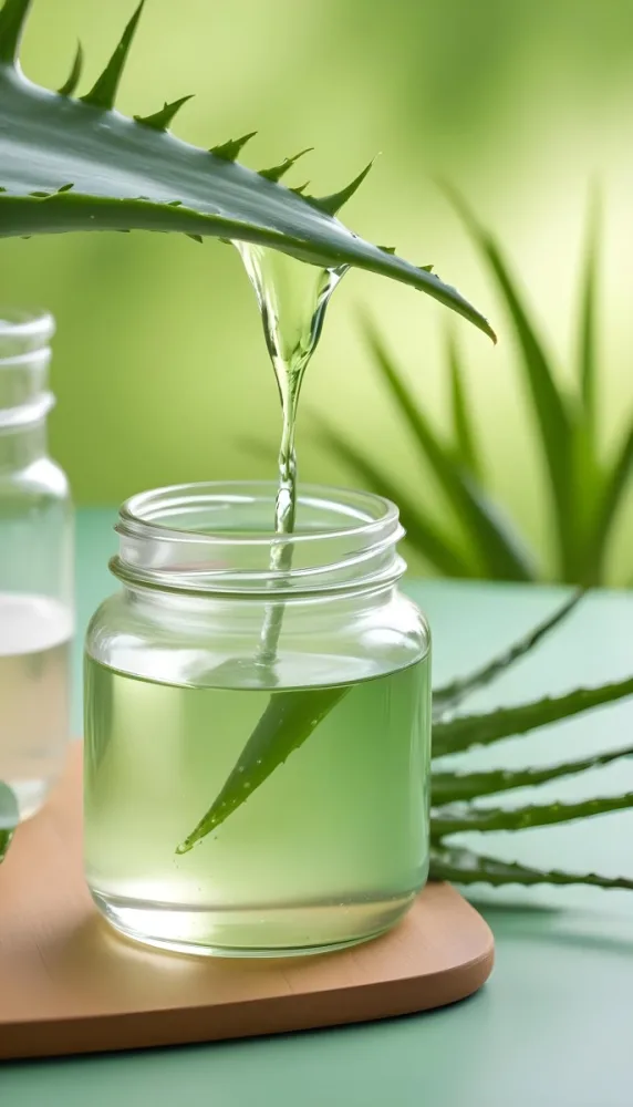 A Glass Jar Filled With A Clear Liquid Likely Aloe Vera Gel With Fresh Aloe Vera Leaves In The Background Against A Blurred Green Background 11 Dae1