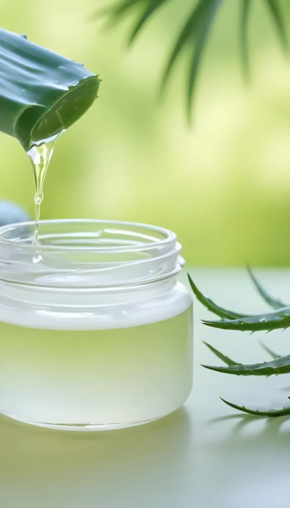A Glass Jar Filled With A Clear Liquid Likely Aloe Vera Gel With Fresh Aloe Vera Leaves In The Background Against A Blurred Green Background 21 15ef