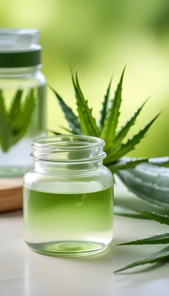A Glass Jar Filled With A Clear Liquid Likely Aloe Vera Gel With Fresh Aloe Vera Leaves In The Background Against A Blurred Green Background 23 72ae
