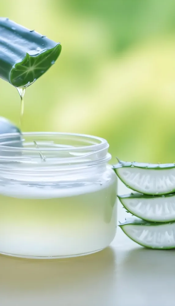 A Glass Jar Filled With A Clear Liquid Likely Aloe Vera Gel With Fresh Aloe Vera Leaves In The Background Against A Blurred Green Background 24 C0de