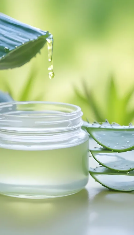 A Glass Jar Filled With A Clear Liquid Likely Aloe Vera Gel With Fresh Aloe Vera Leaves In The Background Against A Blurred Green Background 25 3b4f