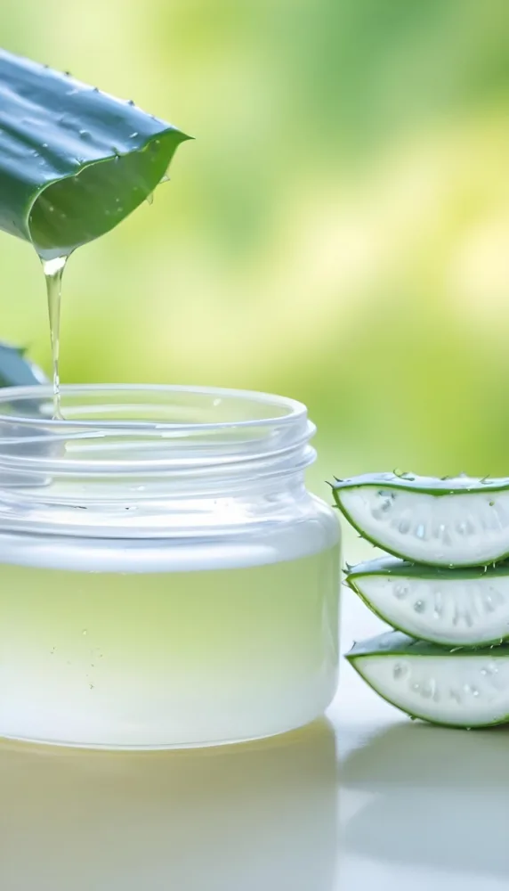 A Glass Jar Filled With A Clear Liquid Likely Aloe Vera Gel With Fresh Aloe Vera Leaves In The Background Against A Blurred Green Background 28 Be2d