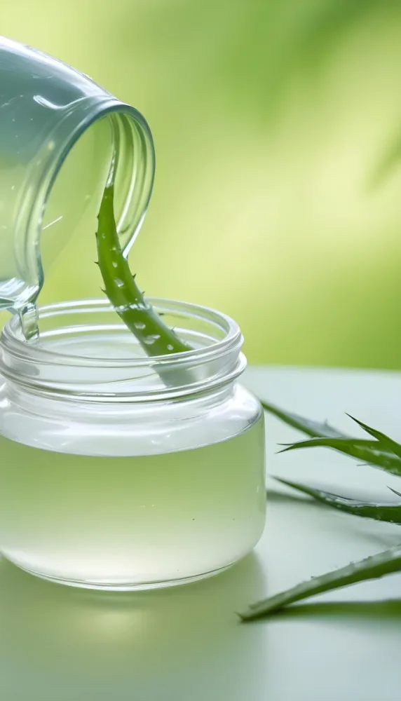 A Glass Jar Filled With A Clear Liquid Likely Aloe Vera Gel With Fresh Aloe Vera Leaves In The Background Against A Blurred Green Background 6 F139