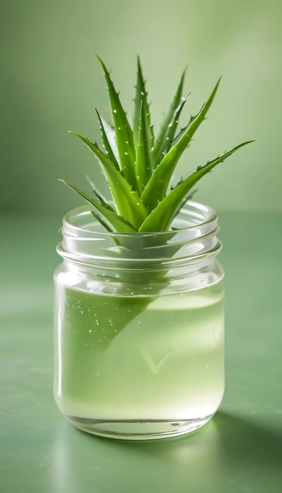 A Glass Jar Filled With A Clear Liquid Likely Aloe Vera Gel With Fresh Aloe Vera Leaves In The Background Against A Blurred Green Background 7 64ba