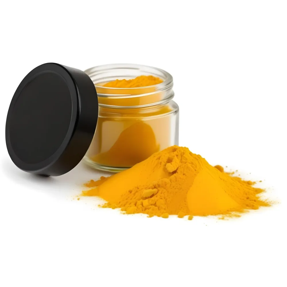 A Glass Jar Filled With Bright Yellow Turmeric Powder With Some Spilled Powder On The Surface The Jar Has A Black Lid 7 5761