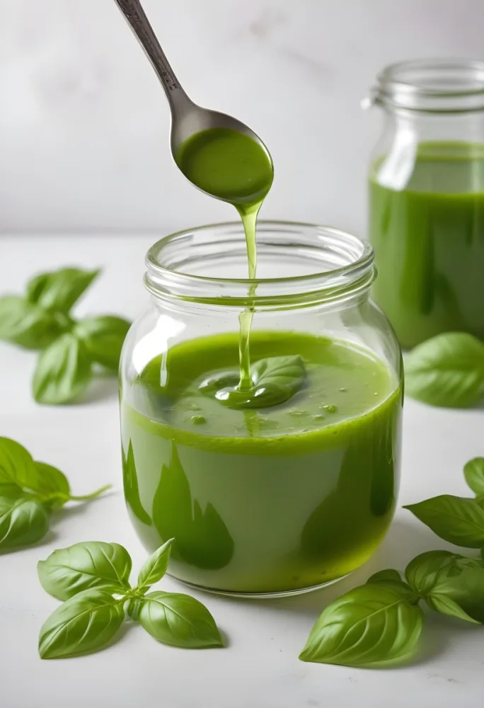 A Glass Jar Filled With Green Liquid Likely An Oil Or Dressing With A Spoon Dipping Into It Fresh Green Basil Leaves Are Scattered Around The Container And A Second Glass Container With A Similar Green Liquid Is Vi C0f4