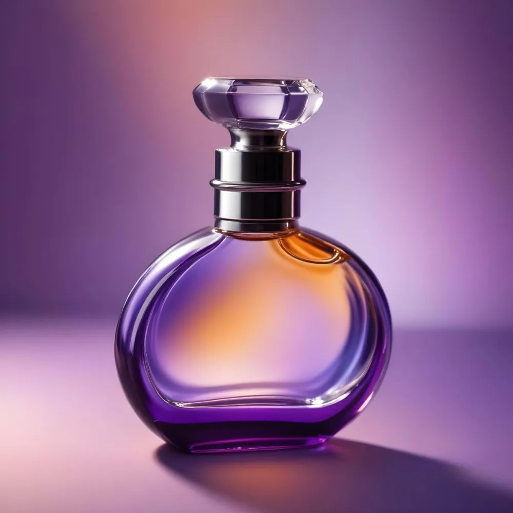 A Glass Perfume Bottle With A Metallic Cap Set Against A Blurred Purple And Orange Background 36 A2f0