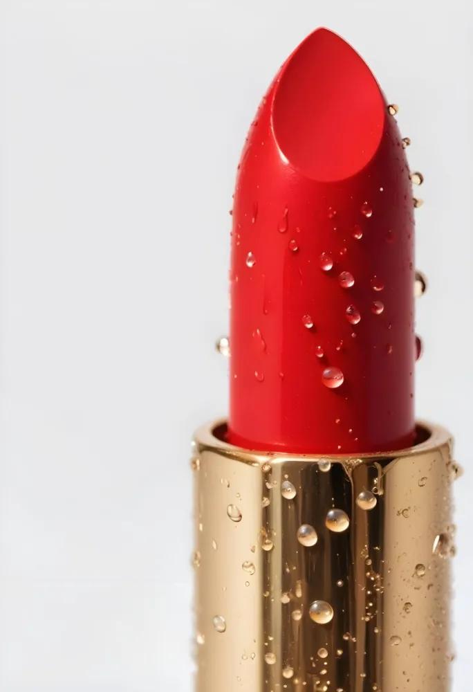 A Golden Lipstick With Water Drops On A White Tube In A Red Background 22 814a