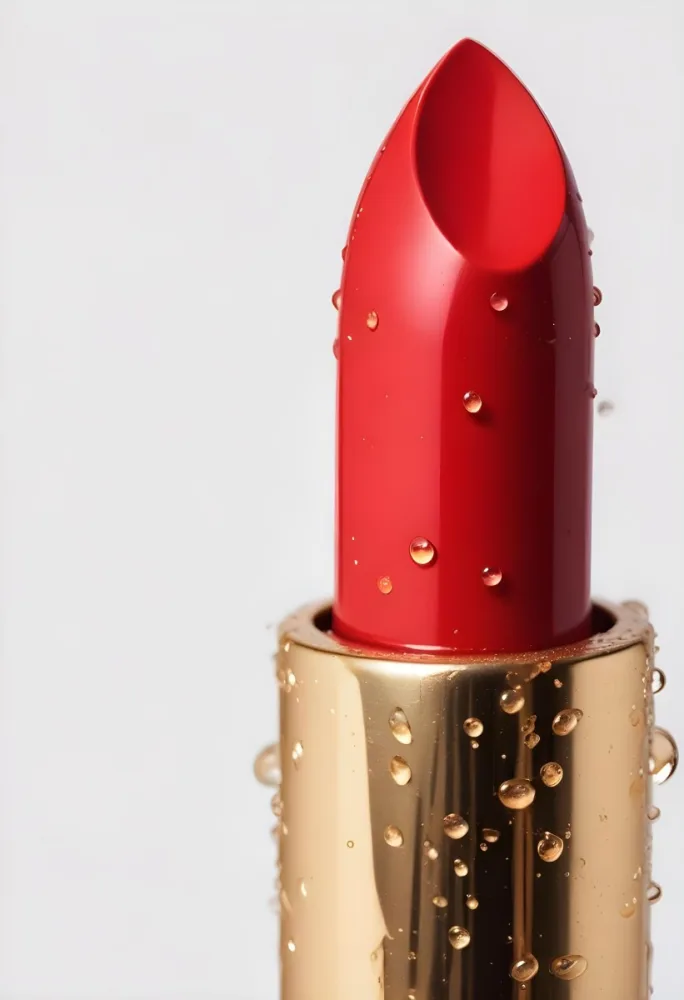 A Golden Lipstick With Water Drops On A White Tube In A Red Background 30 8056