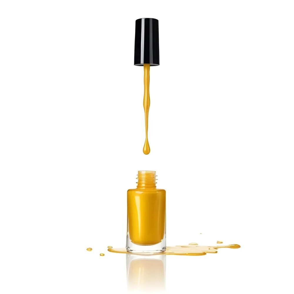 A Golden Nail Polish Bottle With A Drop Falling Into It And The Brush Above It On A White Background 14 A89e