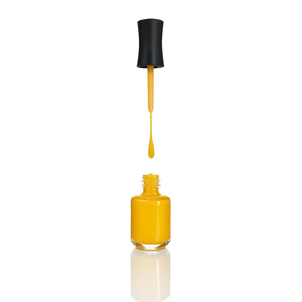 A Golden Nail Polish Bottle With A Drop Falling Into It And The Brush Above It On A White Background 29 Efb5