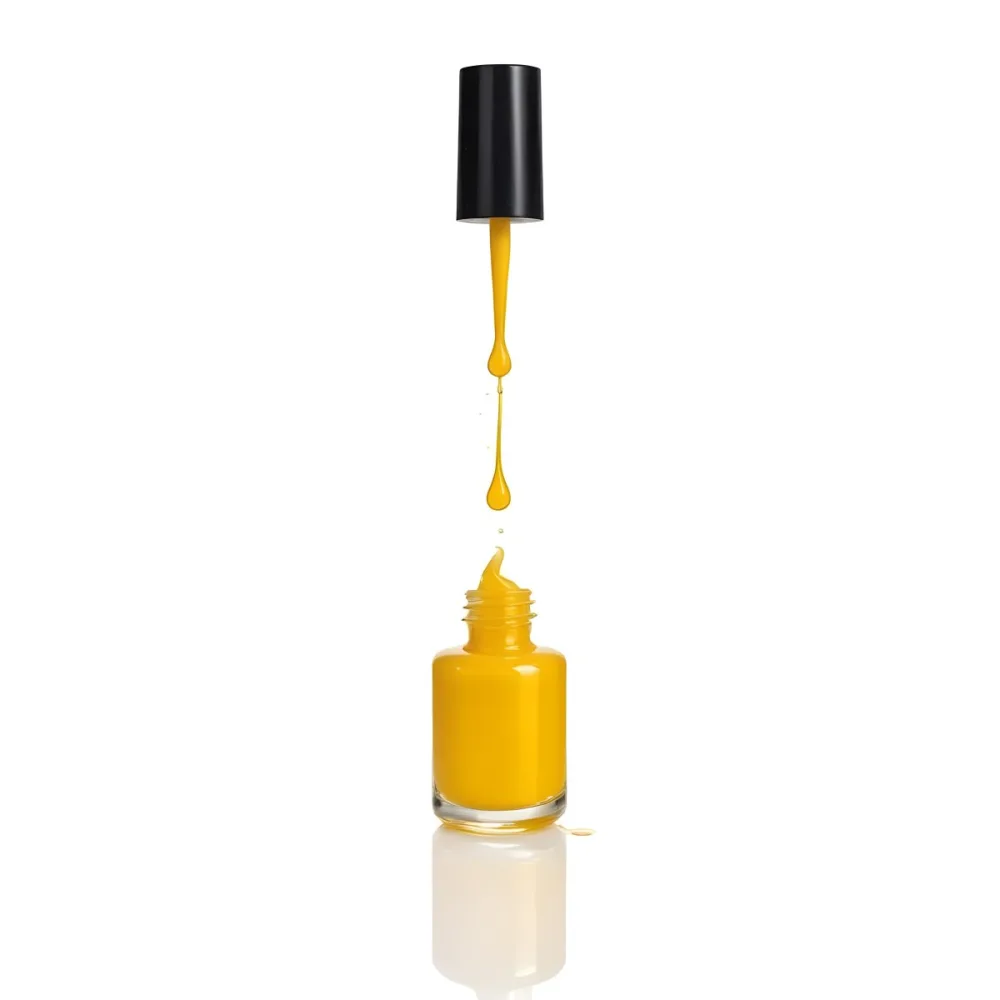 A Golden Nail Polish Bottle With A Drop Falling Into It And The Brush Above It On A White Background 41 2d55