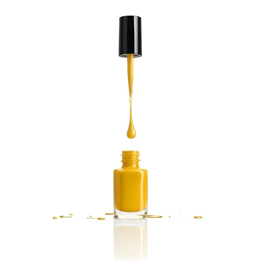 A Golden Nail Polish Bottle With A Drop Falling Into It And The Brush Above It On A White Background 51 D1cf