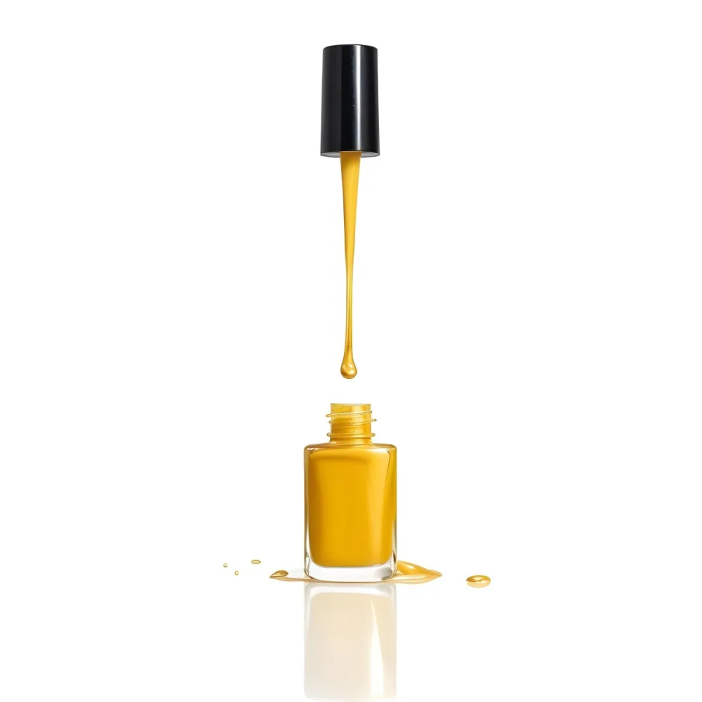 A Golden Nail Polish Bottle With A Drop Falling Into It And The Brush Above It On A White Background 6 9296