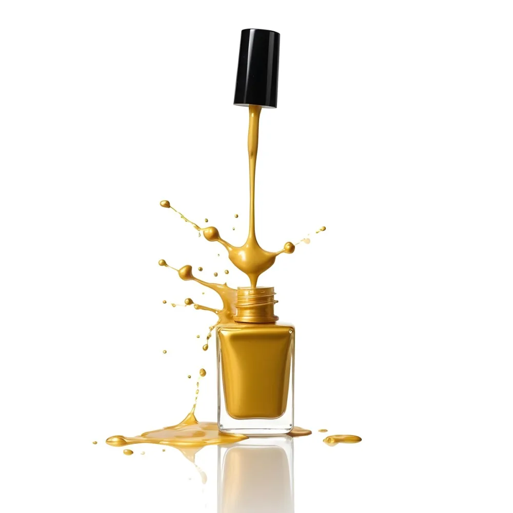 A Golden Nail Polish Bottle With A Drop Falling Into It And The Brush Above It On A White Background 7 37cc