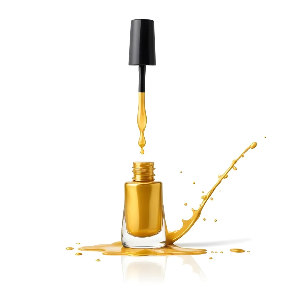 A Golden Nail Polish Bottle With A Drop Falling Into It And The Brush Above It On A White Background 9 5900
