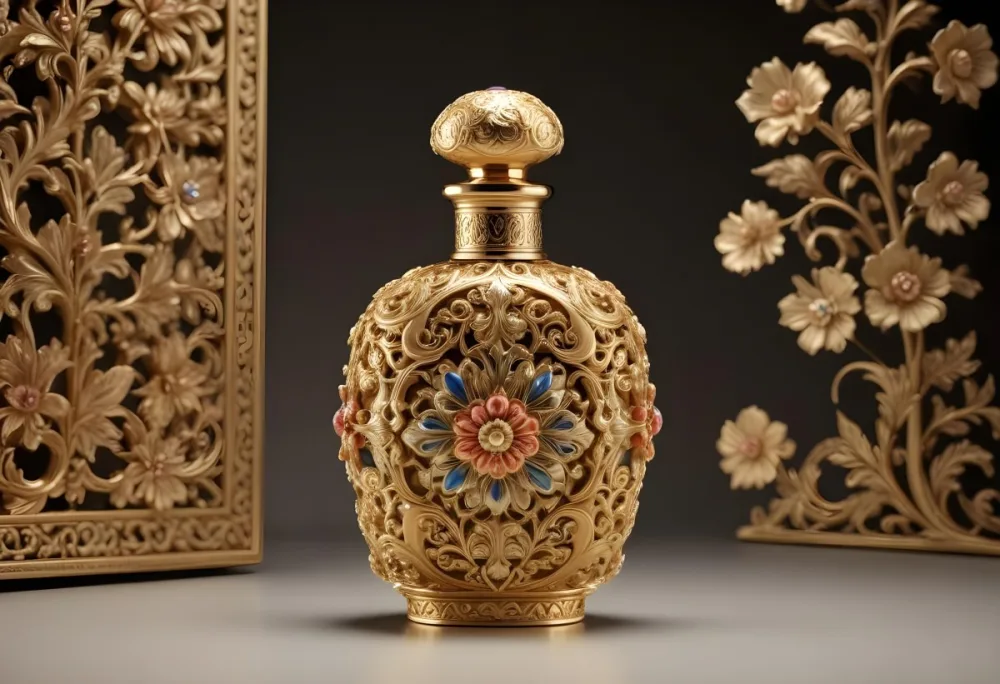 A Golden Ornate Perfume Bottle With An Intricate Floral Design 1 Dfd3