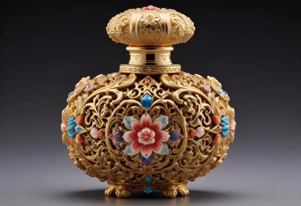 A Golden Ornate Perfume Bottle With An Intricate Floral Design 17 2b3f