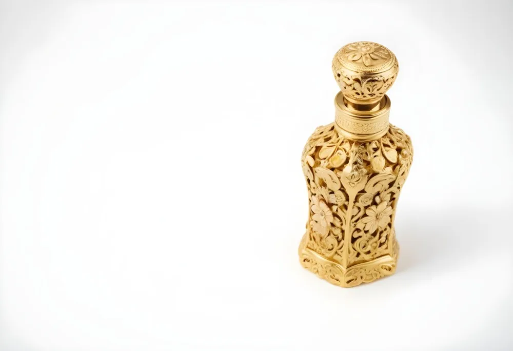 A Golden Ornate Perfume Bottle With An Intricate Floral Design 21 9b4c