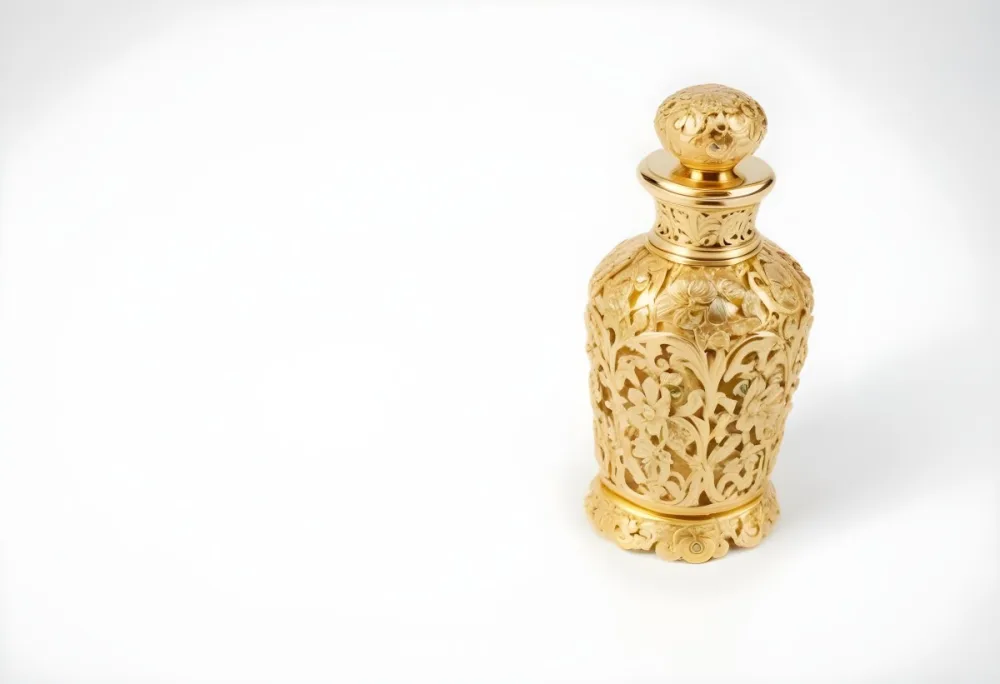 A Golden Ornate Perfume Bottle With An Intricate Floral Design 27 2803