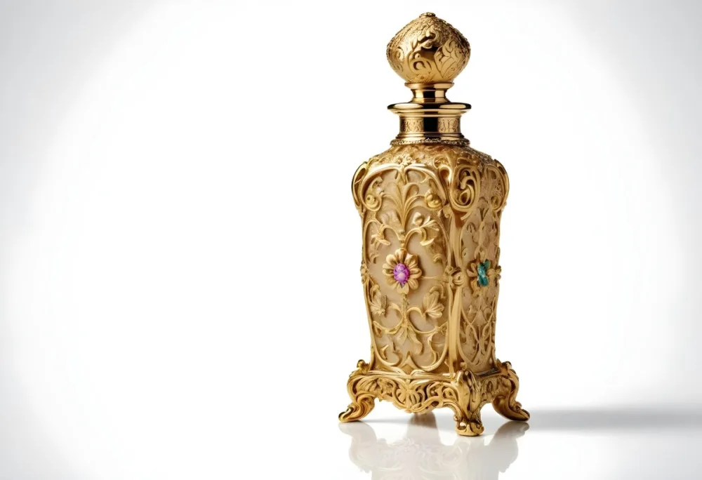 A Golden Ornate Perfume Bottle With An Intricate Floral Pattern 10 595b