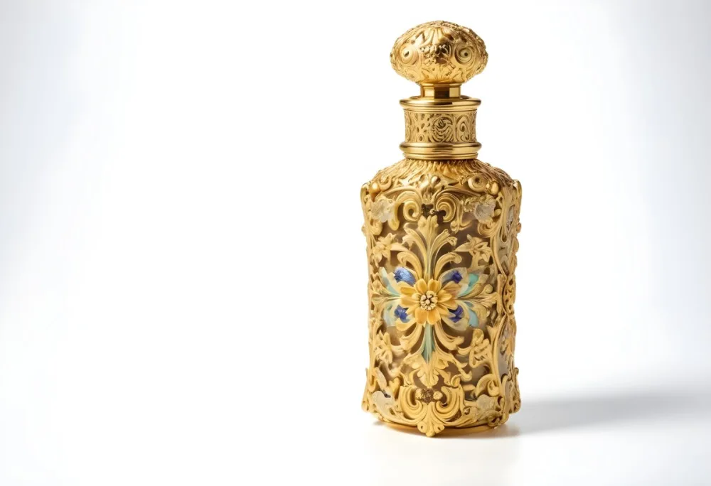 A Golden Ornate Perfume Bottle With An Intricate Floral Pattern 14 F854