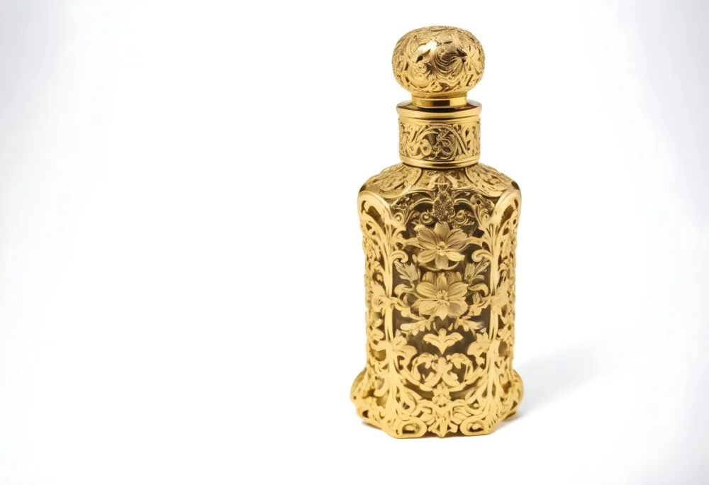 A Golden Ornate Perfume Bottle With An Intricate Floral Pattern 16 4780