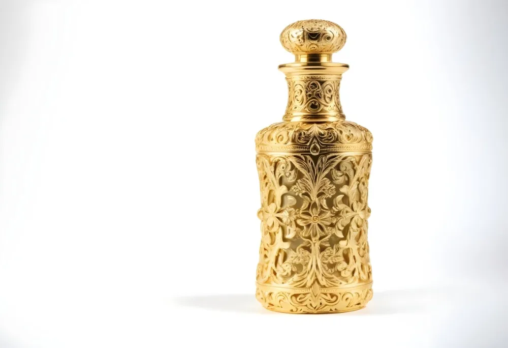 A Golden Ornate Perfume Bottle With An Intricate Floral Pattern 23 4bef