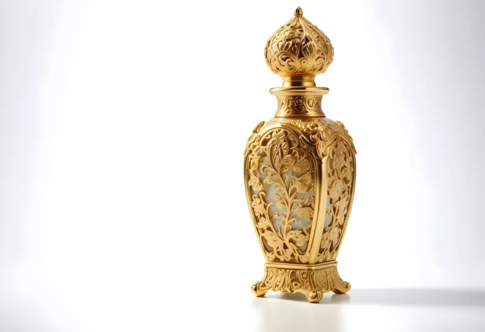 A Golden Ornate Perfume Bottle With An Intricate Floral Pattern 26 0a8d
