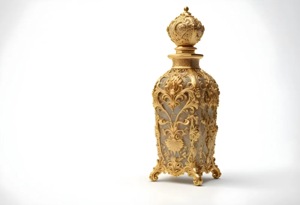 A Golden Ornate Perfume Bottle With An Intricate Floral Pattern 41 1b7b