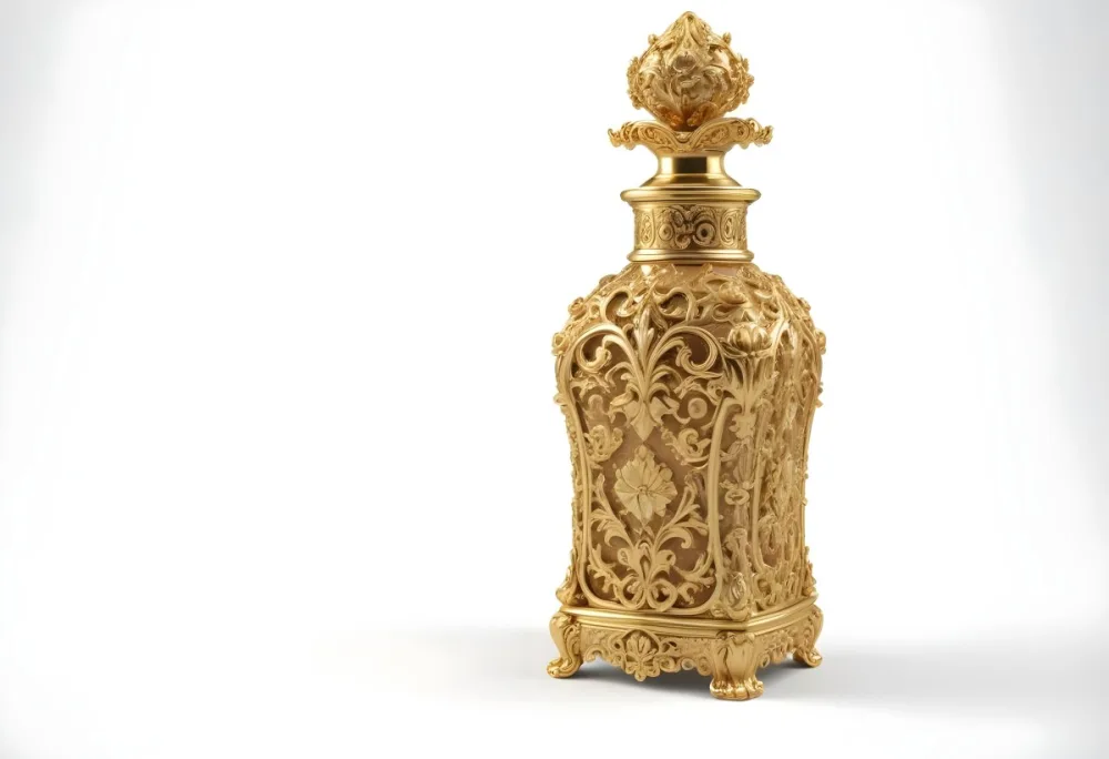 A Golden Ornate Perfume Bottle With An Intricate Floral Pattern 45 012f