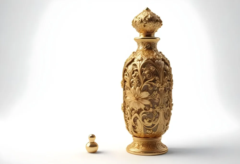 A Golden Ornate Perfume Bottle With An Intricate Floral Pattern 49 A81b