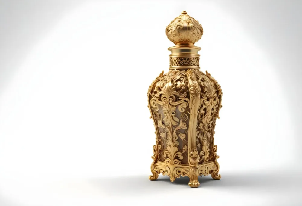 A Golden Ornate Perfume Bottle With An Intricate Floral Pattern 54 E518