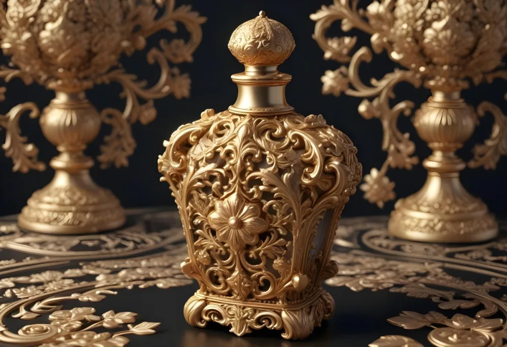 A Golden Ornate Perfume Bottle With An Intricate Floral Pattern 58 7e29