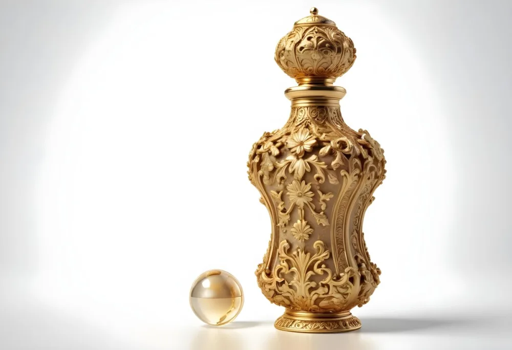 A Golden Ornate Perfume Bottle With An Intricate Floral Pattern 62 69da