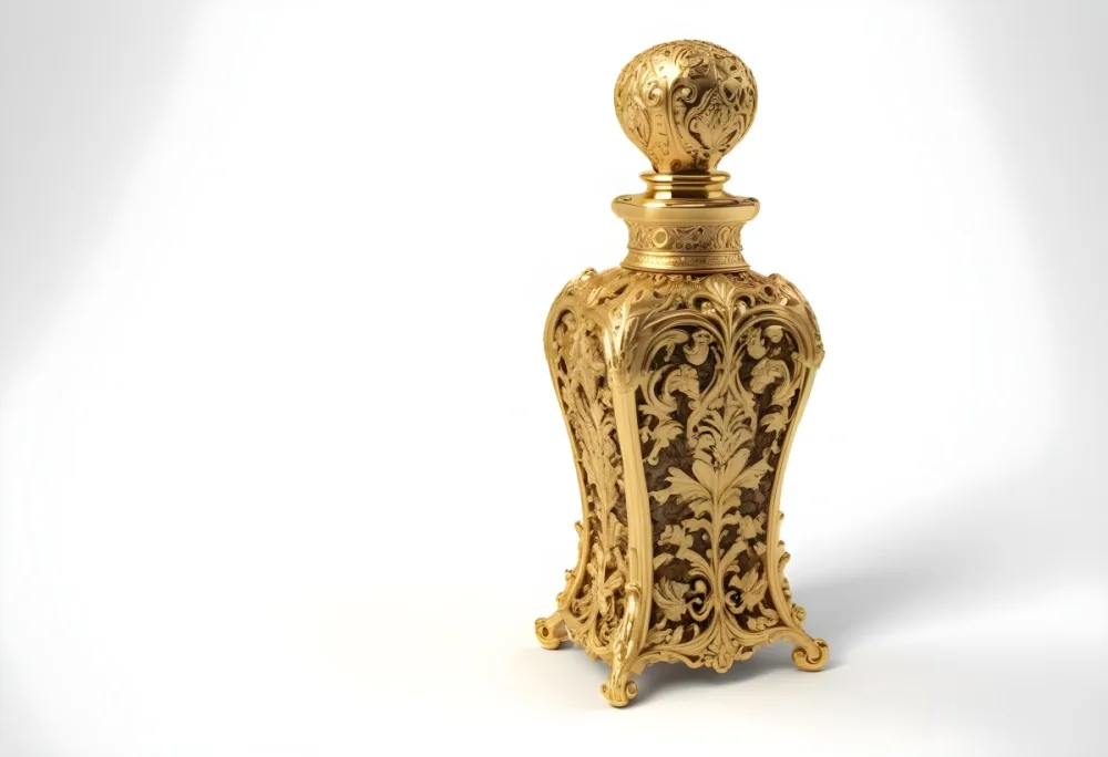 A Golden Ornate Perfume Bottle With An Intricate Floral Pattern 66 Cf2e