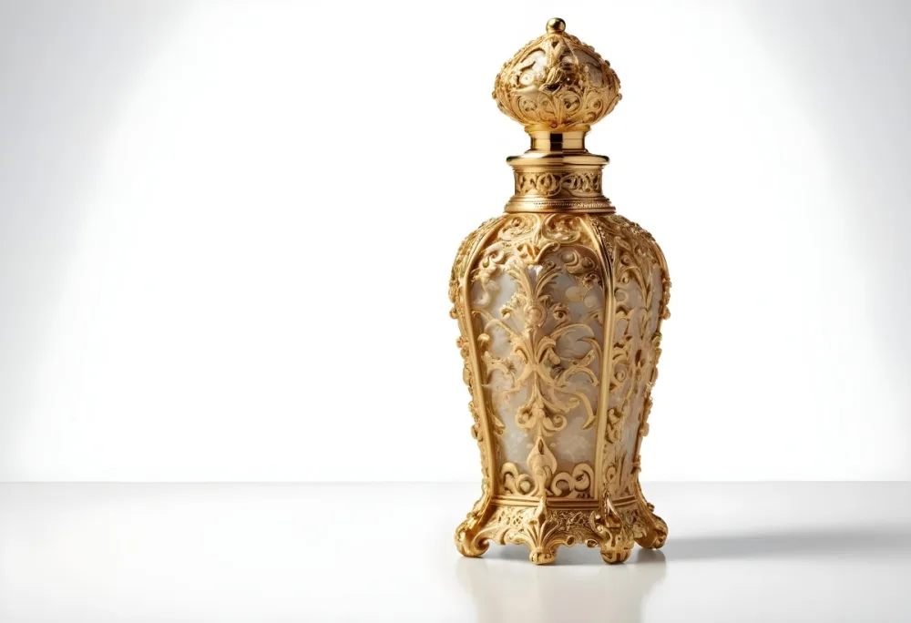 A Golden Ornate Perfume Bottle With An Intricate Floral Pattern 7 A5ac