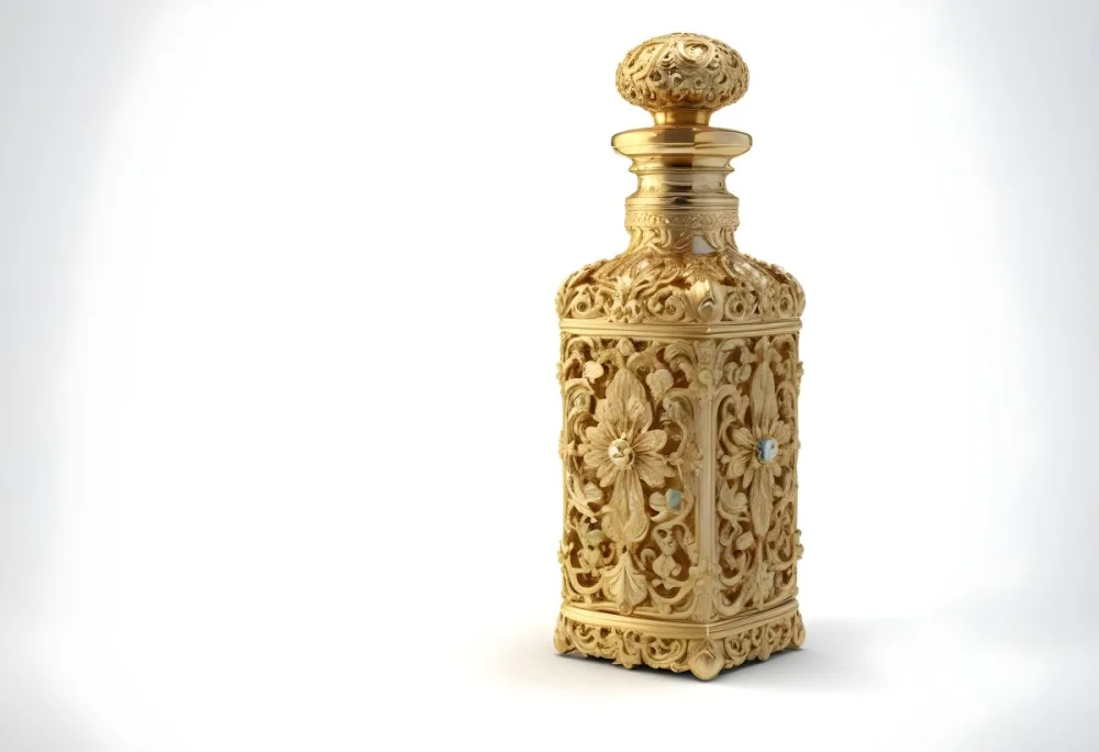 A Golden Ornate Perfume Bottle With An Intricate Floral Pattern 70 1339