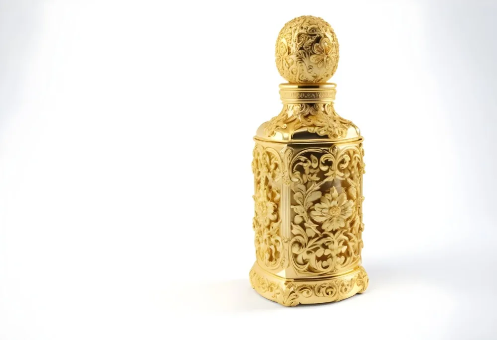 A Golden Ornate Perfume Bottle With An Intricate Floral Pattern 71 3d77